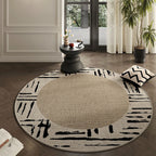 Abstract Border Beige Round Rug