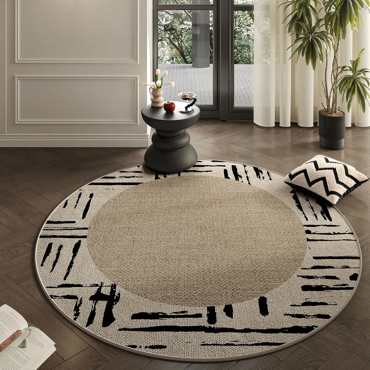 Abstract Border Beige Round Rug