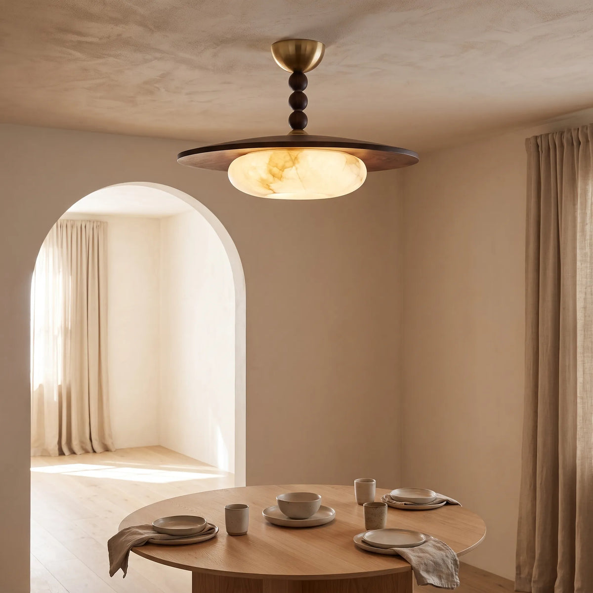 Alabaster and Walnut Ceiling Light