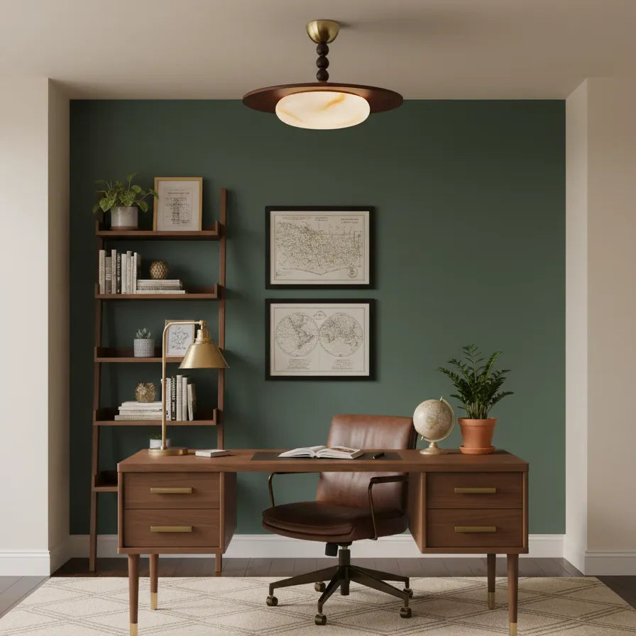 Alabaster and Walnut Ceiling Light