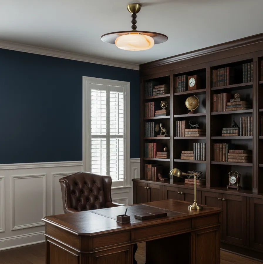 Alabaster and Walnut Ceiling Light