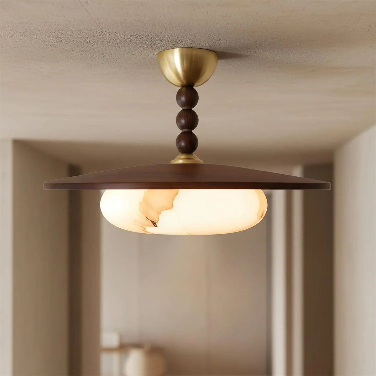 Alabaster and Walnut Ceiling Light