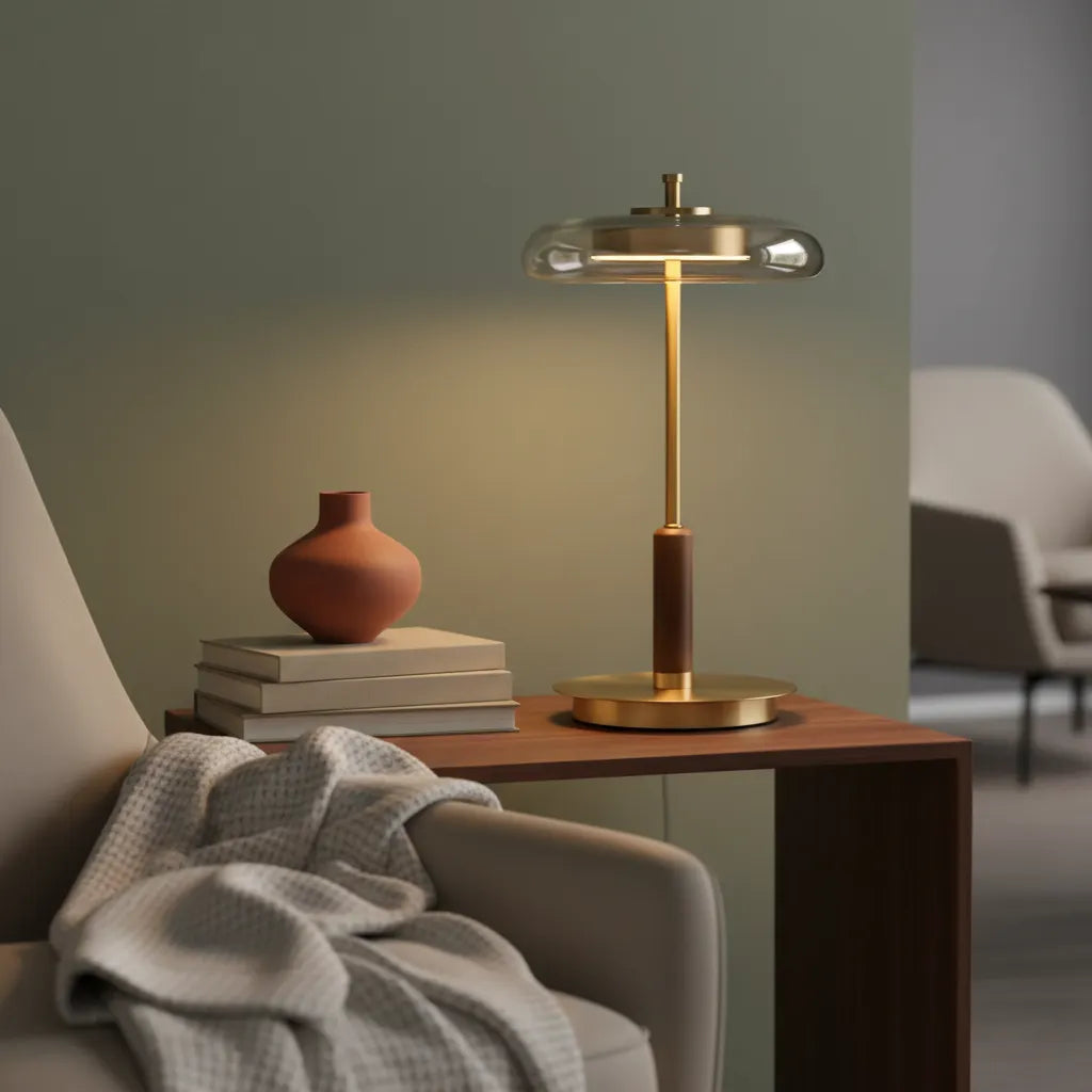 Amber Glass Brass Walnut Lamp