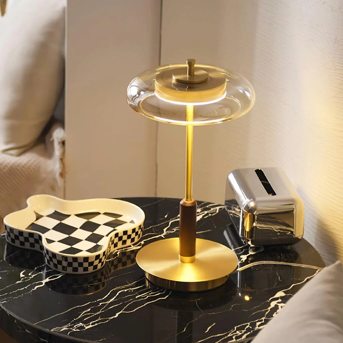 Amber Glass Brass Walnut Lamp