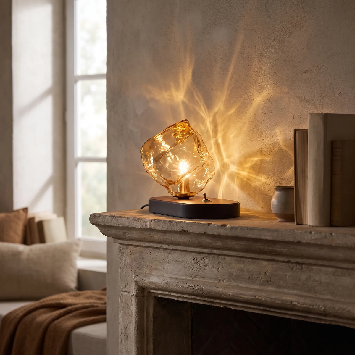 Amber Glass Oak Base Lamp