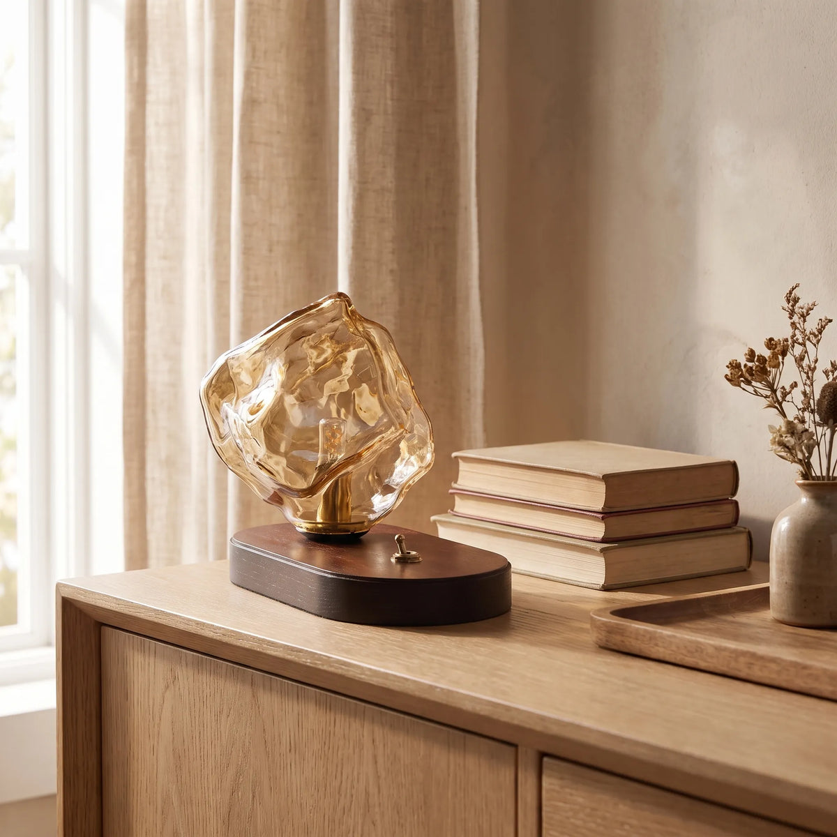 Amber Glass Oak Base Lamp