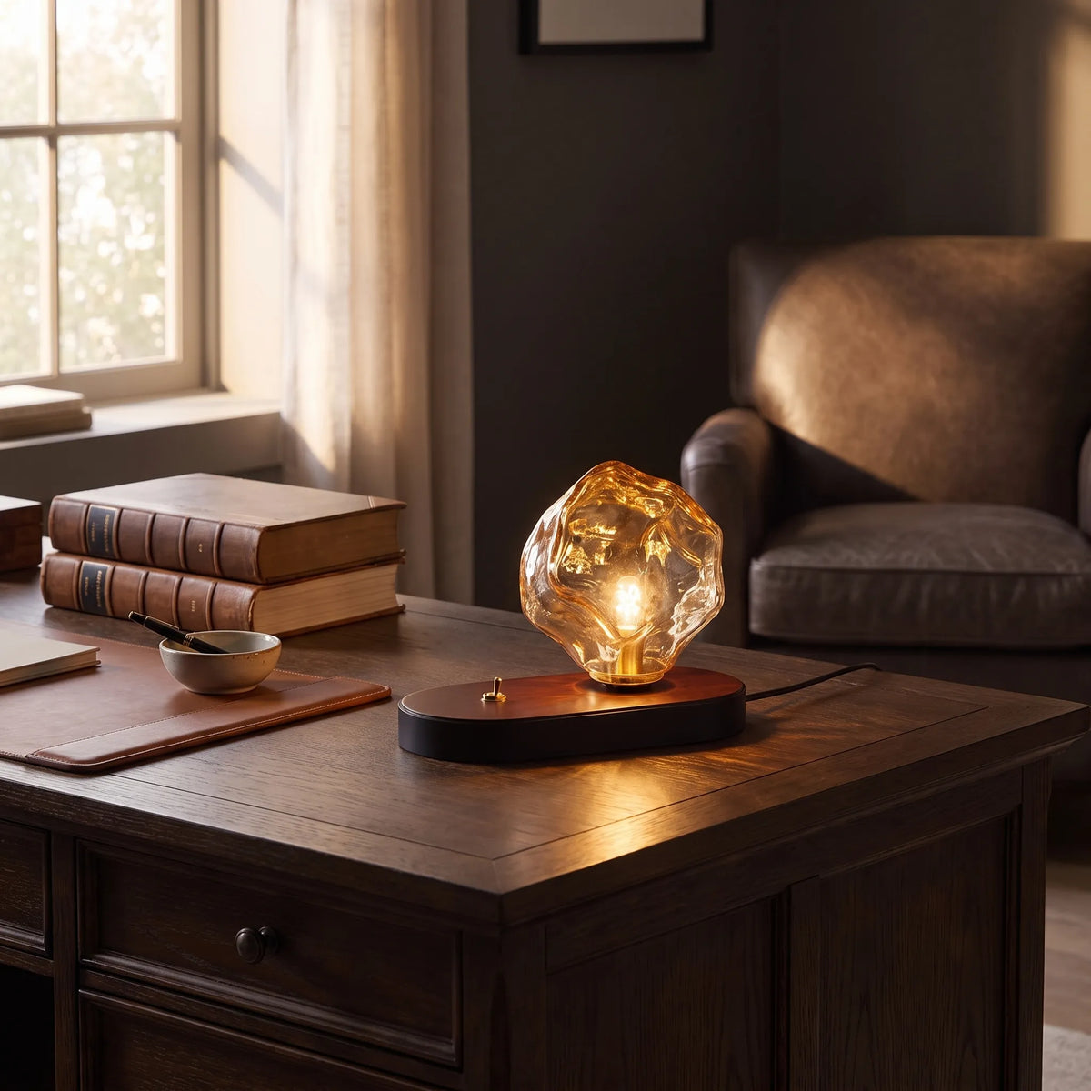 Amber Glass Oak Base Lamp