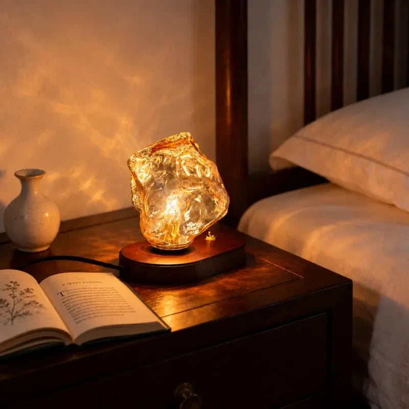 Amber Glass Oak Base Lamp
