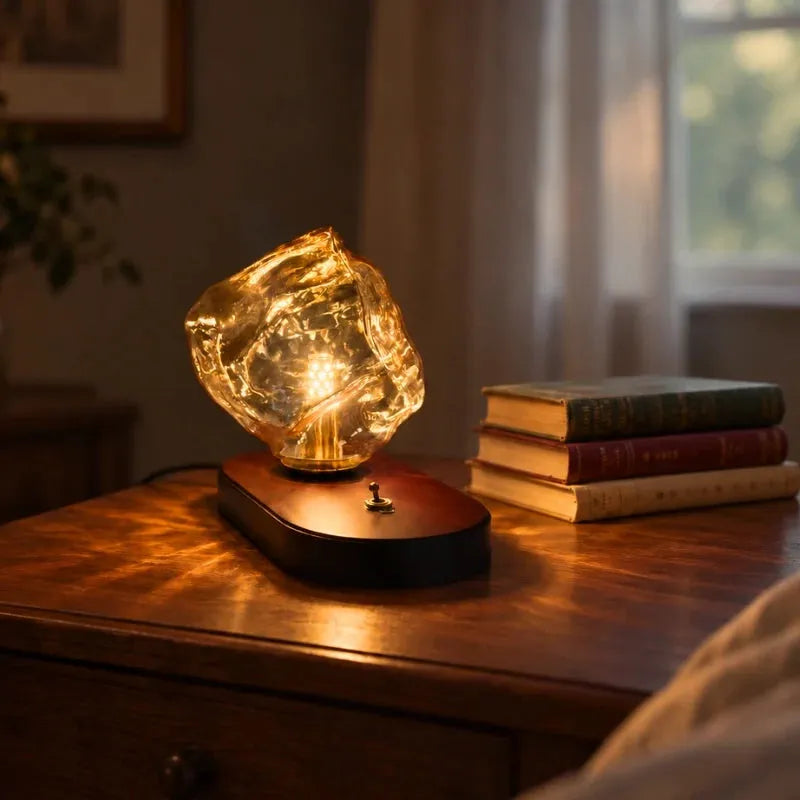 Amber Glass Oak Base Lamp