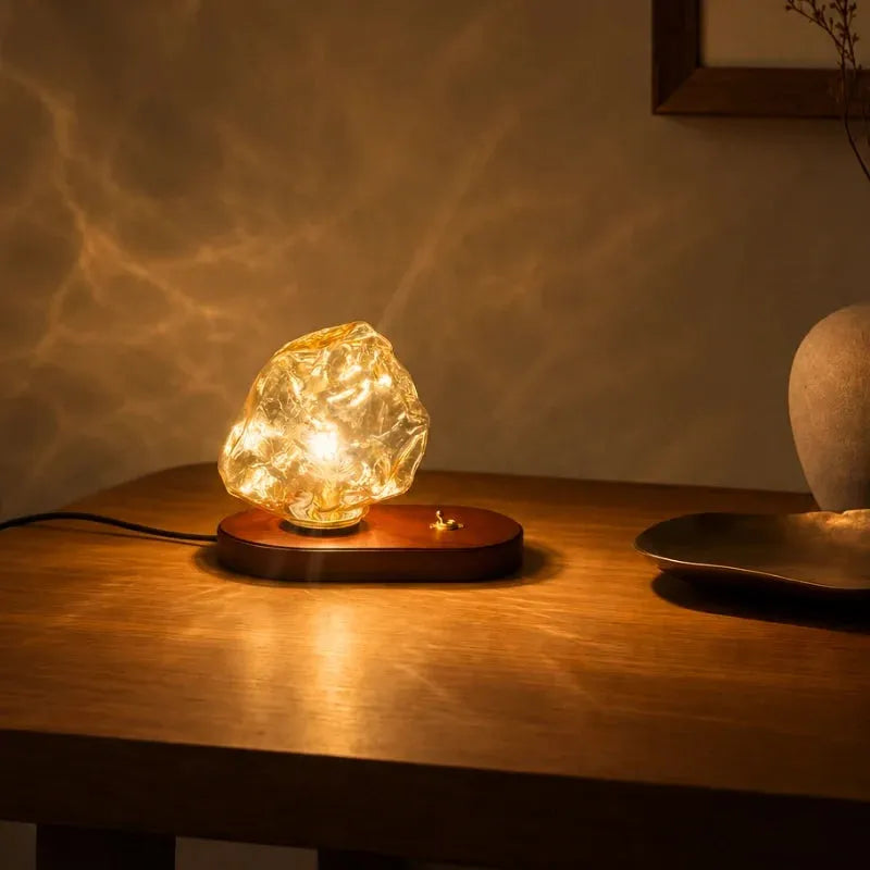 Amber Glass Oak Base Lamp