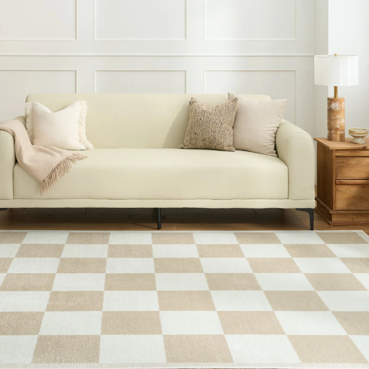 Beige Checkered Washable Rug