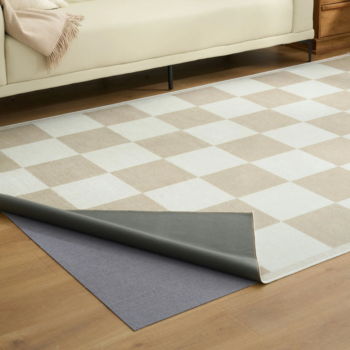 Beige Checkered Washable Rug