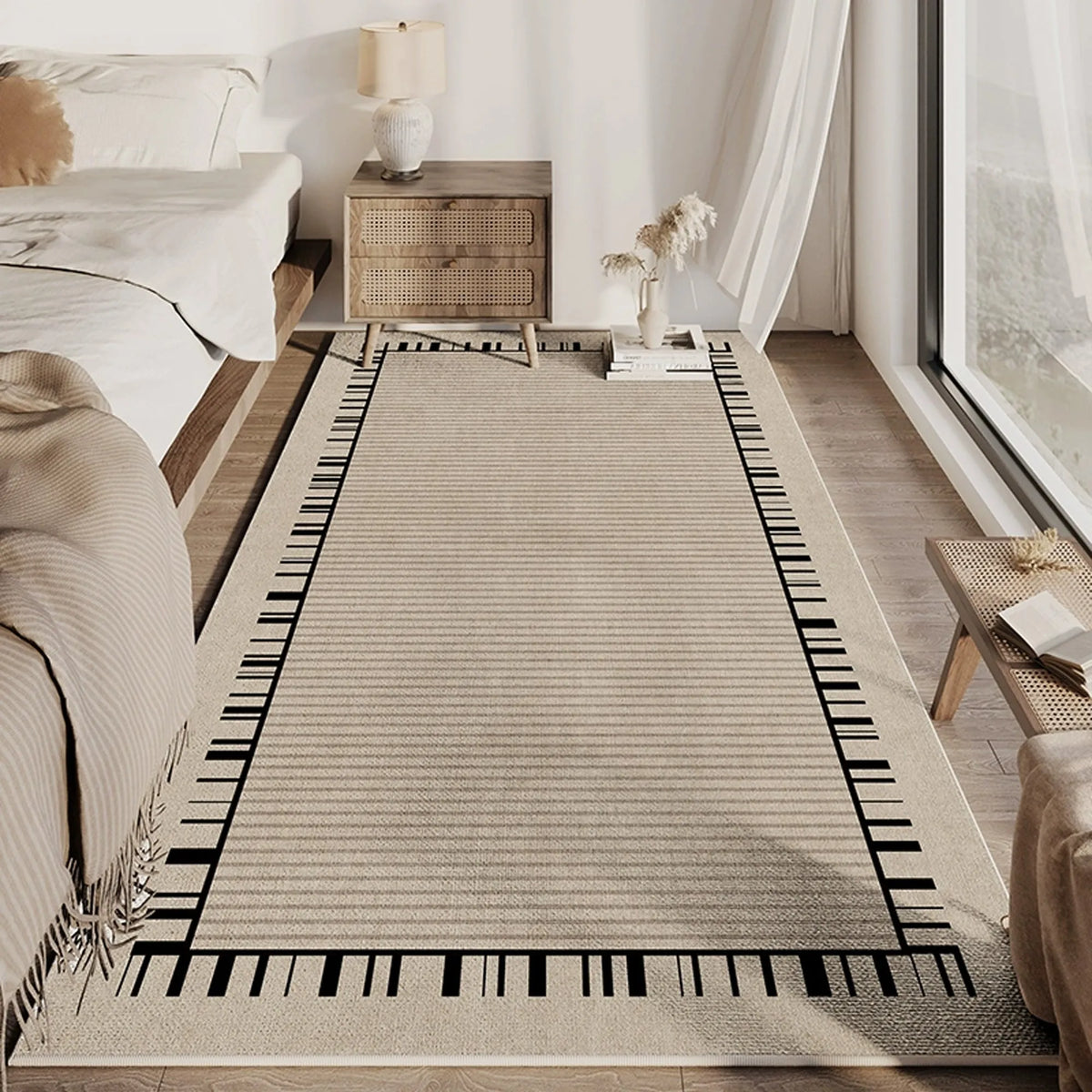Beige Linear Border Runner Rug