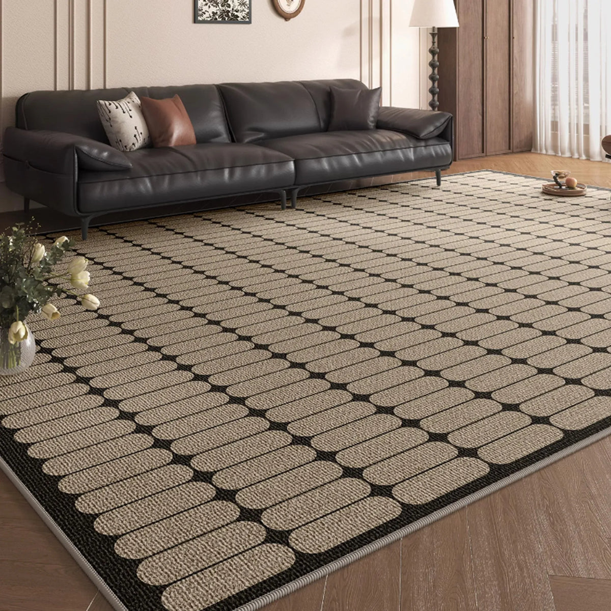 Black Oval Grid Area Rug