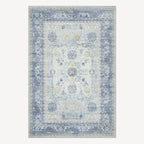 Blue Floral Border Washable Rug