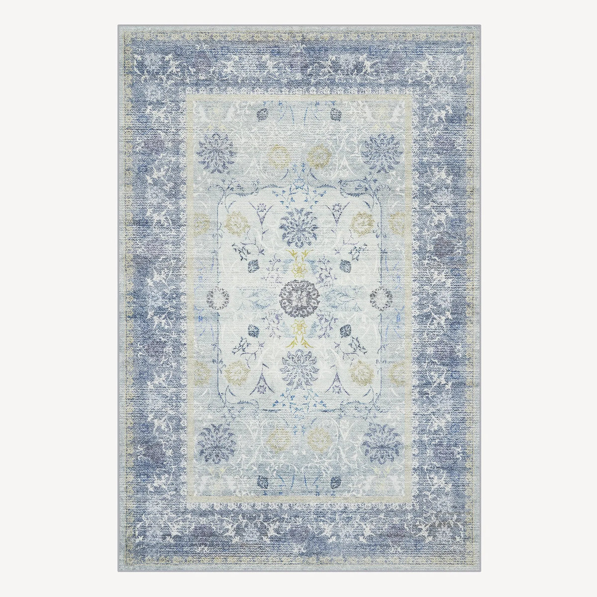 Blue Floral Border Washable Rug