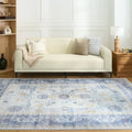 Blue Floral Border Washable Rug