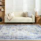 Blue Floral Border Washable Rug