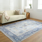 Blue Floral Border Washable Rug