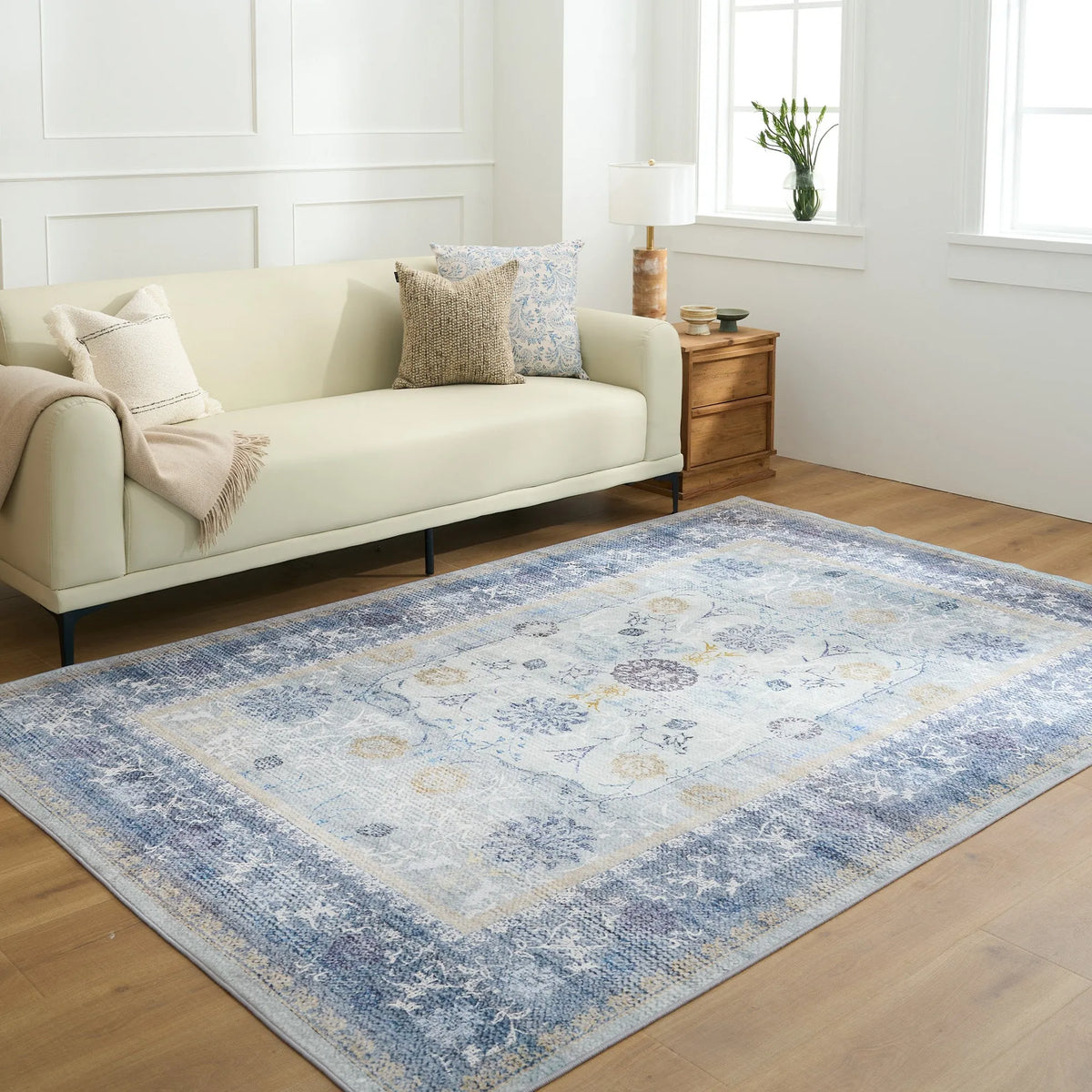 Blue Floral Border Washable Rug