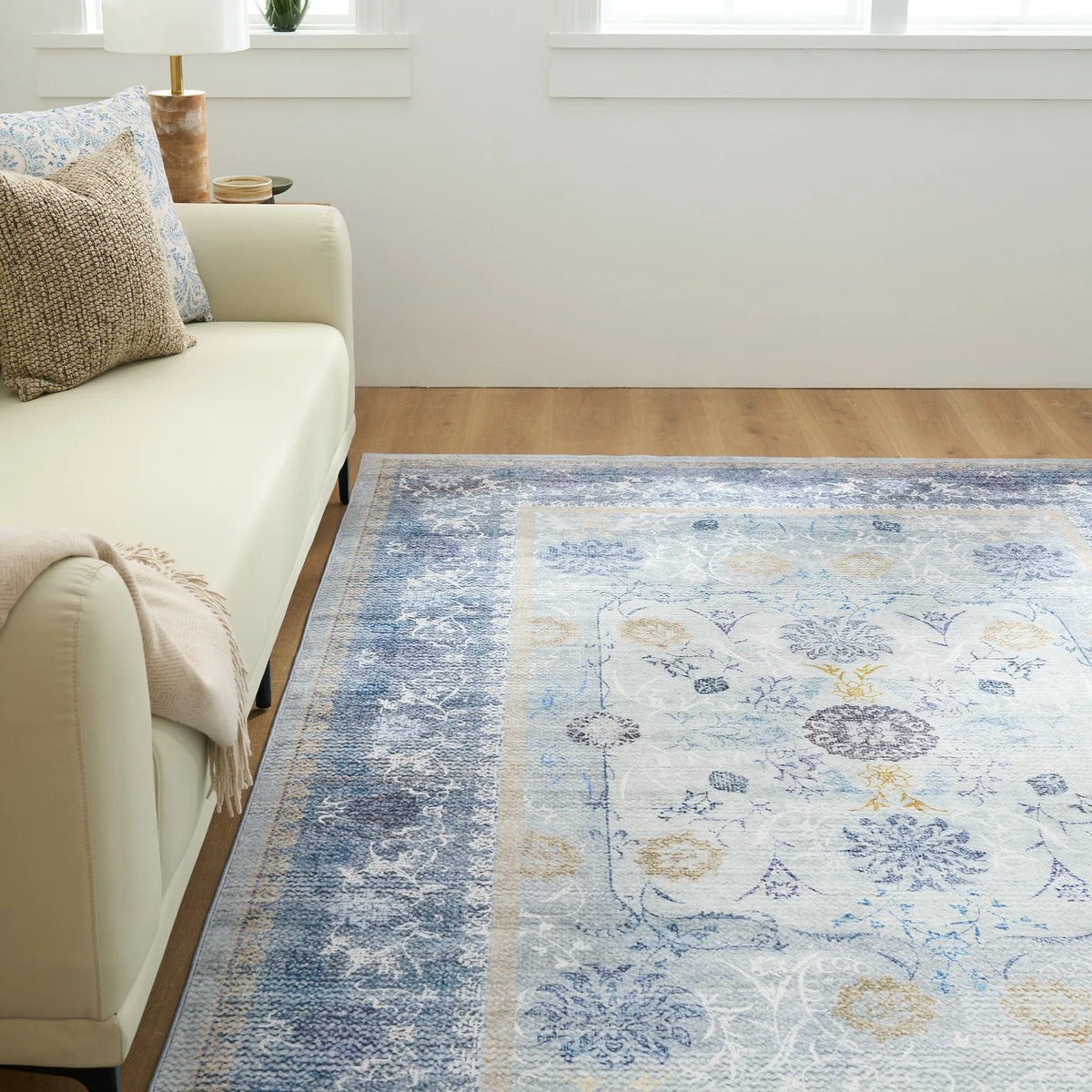 Blue Floral Border Washable Rug