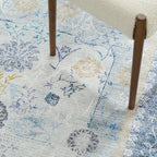 Blue Floral Border Washable Rug