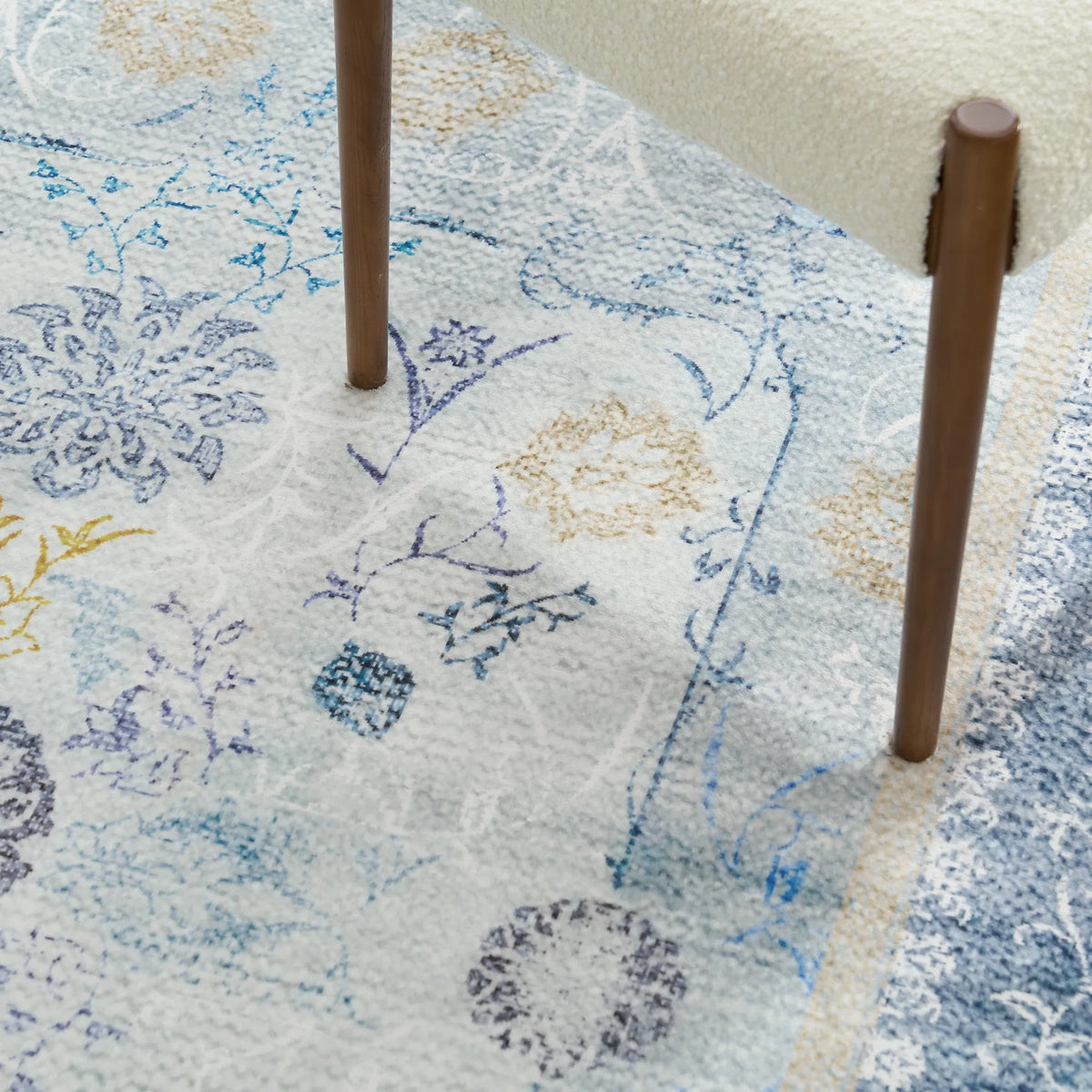Blue Floral Border Washable Rug