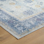 Blue Floral Border Washable Rug