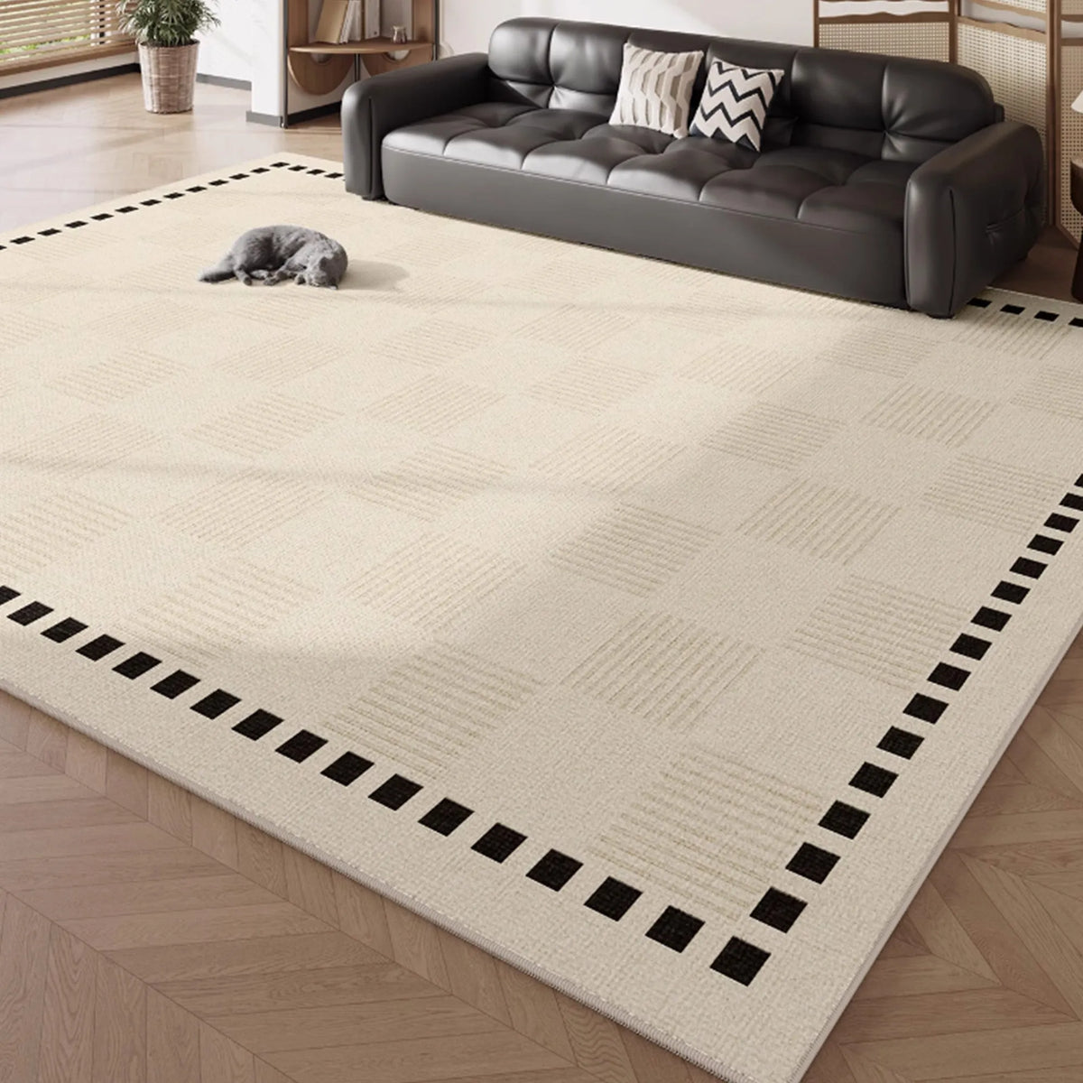Cream Checkered Border Area Rug