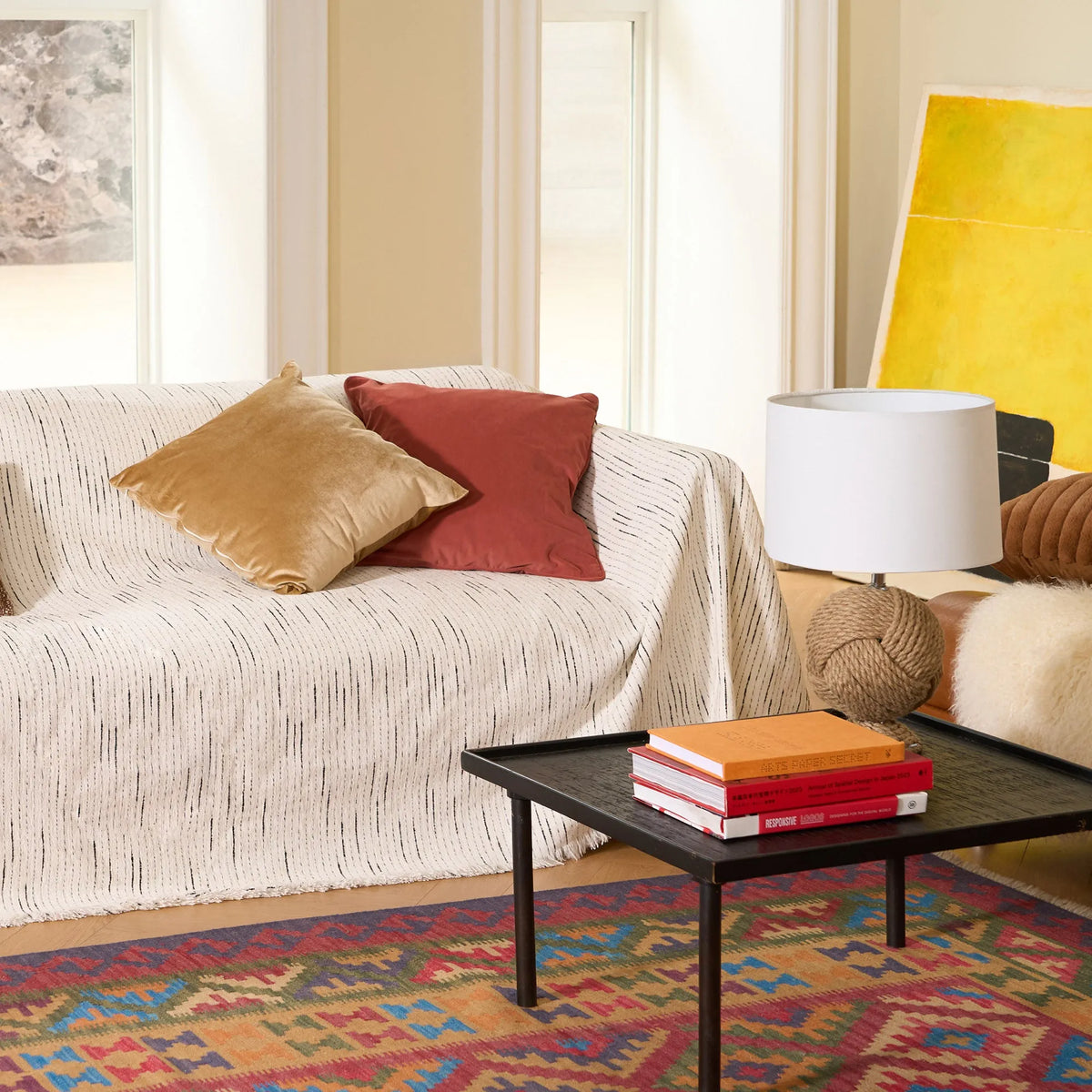 Cream Dashed Line Jacquard Sofa Cover