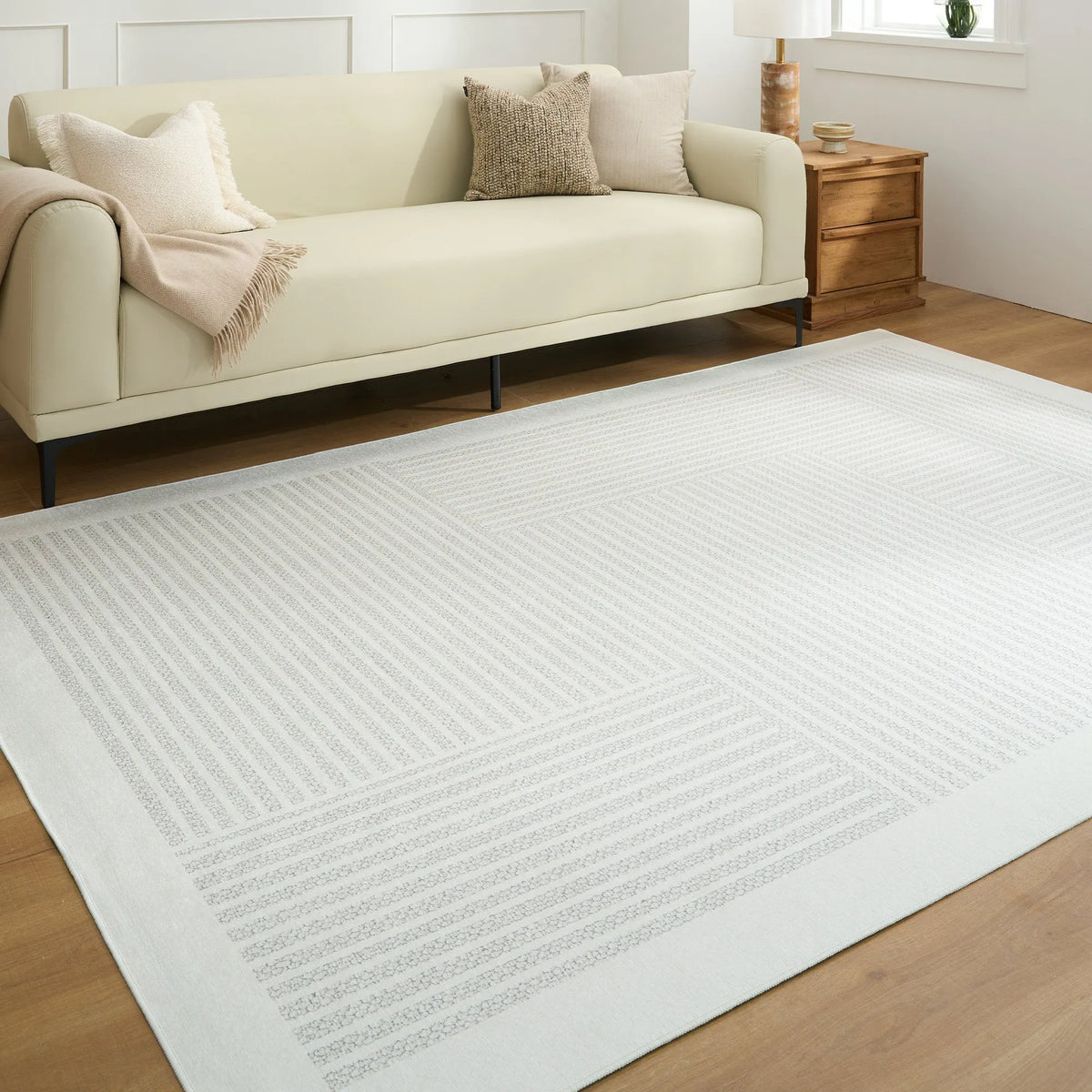 Ivory Woven Stripe Washable Rug