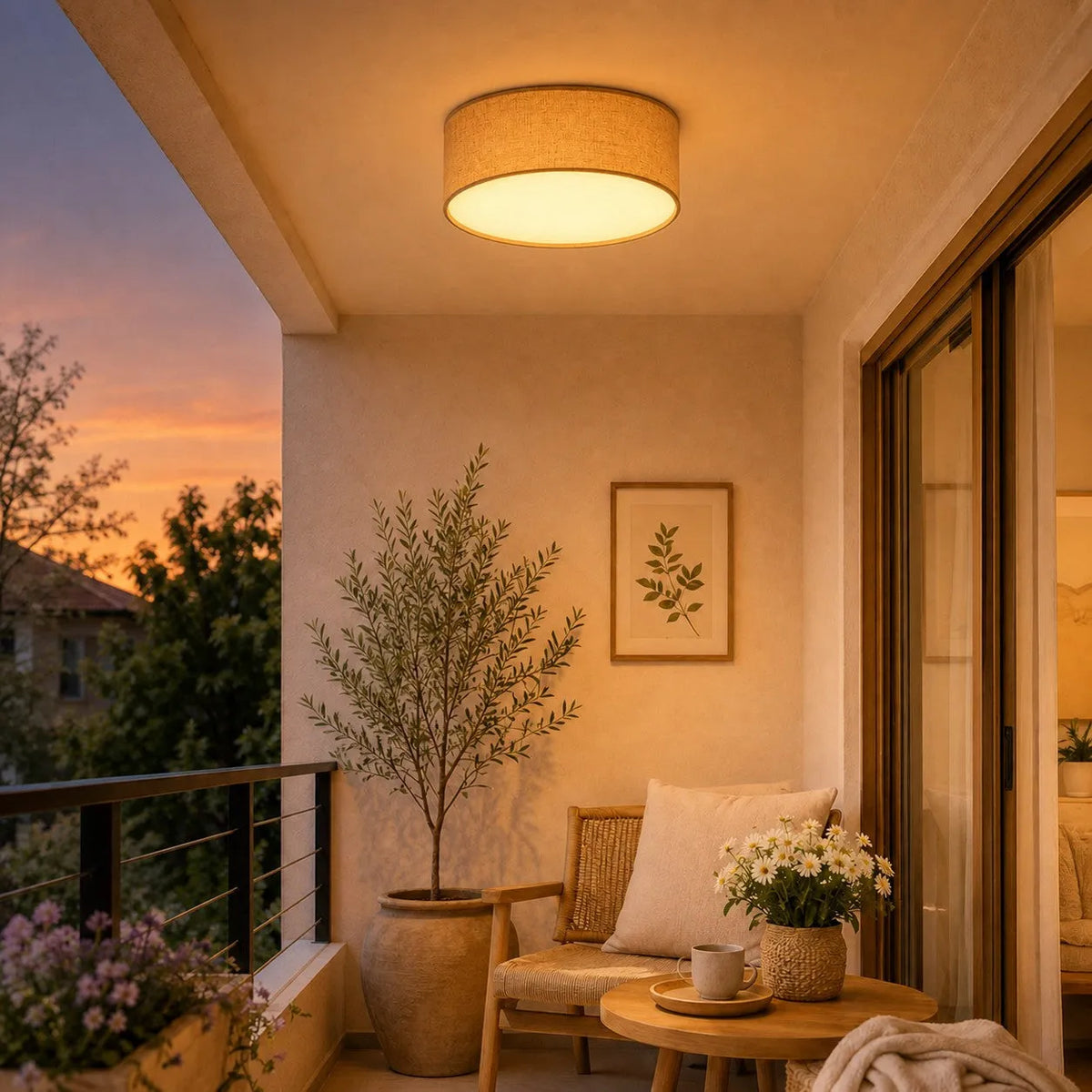 Linen Drum Flush Ceiling Light