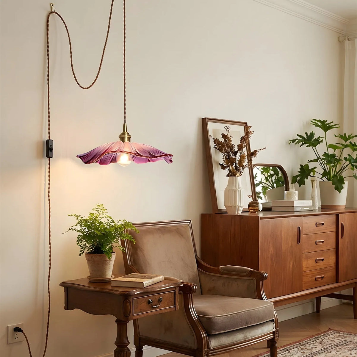 Plug-In Flower Glass Pendant Lamp