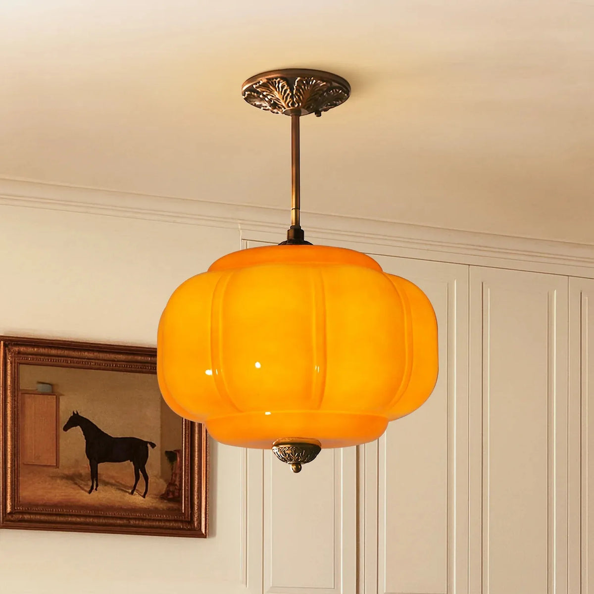 Ribbed Glass Pumpkin Pendant, Brass
