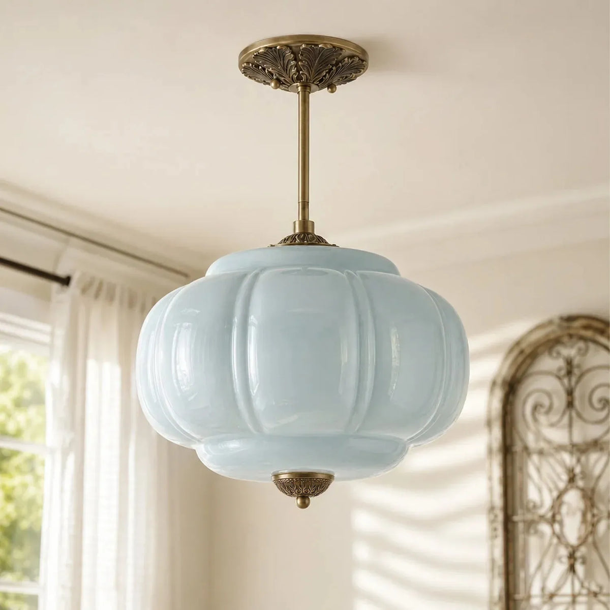 Ribbed Glass Pumpkin Pendant, Brass