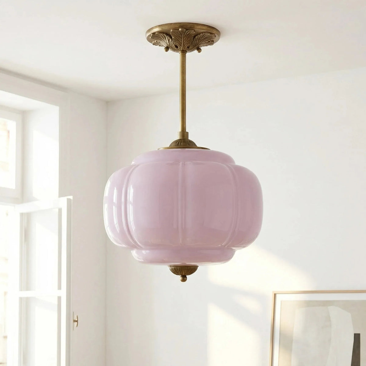 Ribbed Glass Pumpkin Pendant, Brass