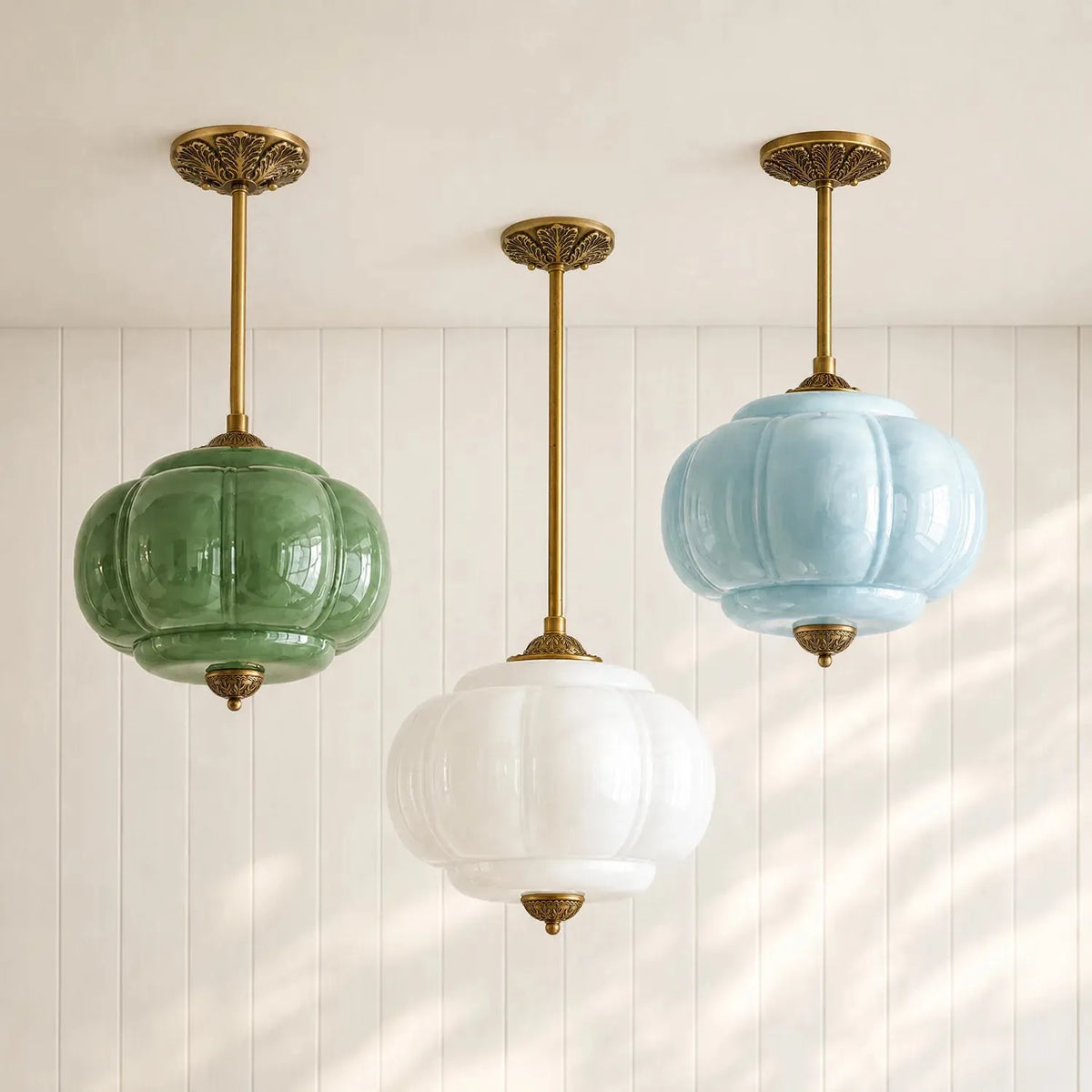 Ribbed Glass Pumpkin Pendant, Brass