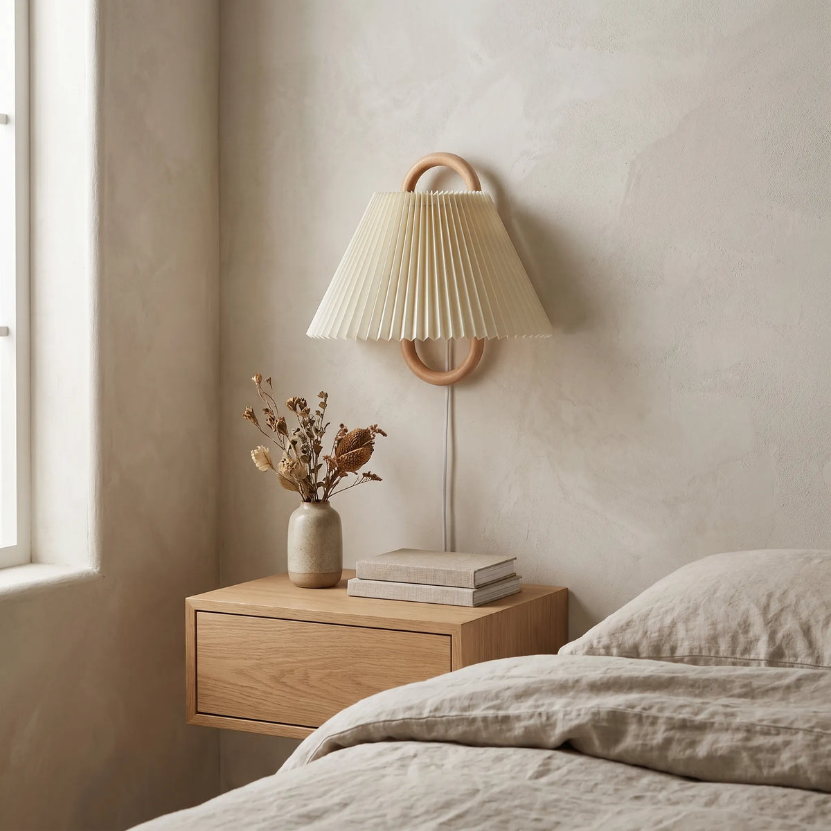 Semi Circle Wood Fabric Wall Light