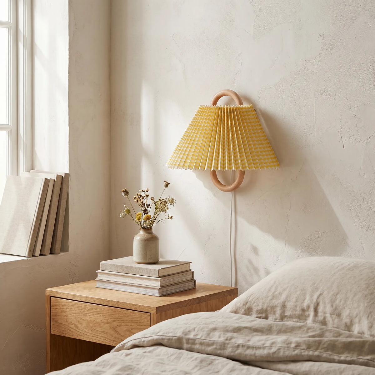Semi Circle Wood Fabric Wall Light