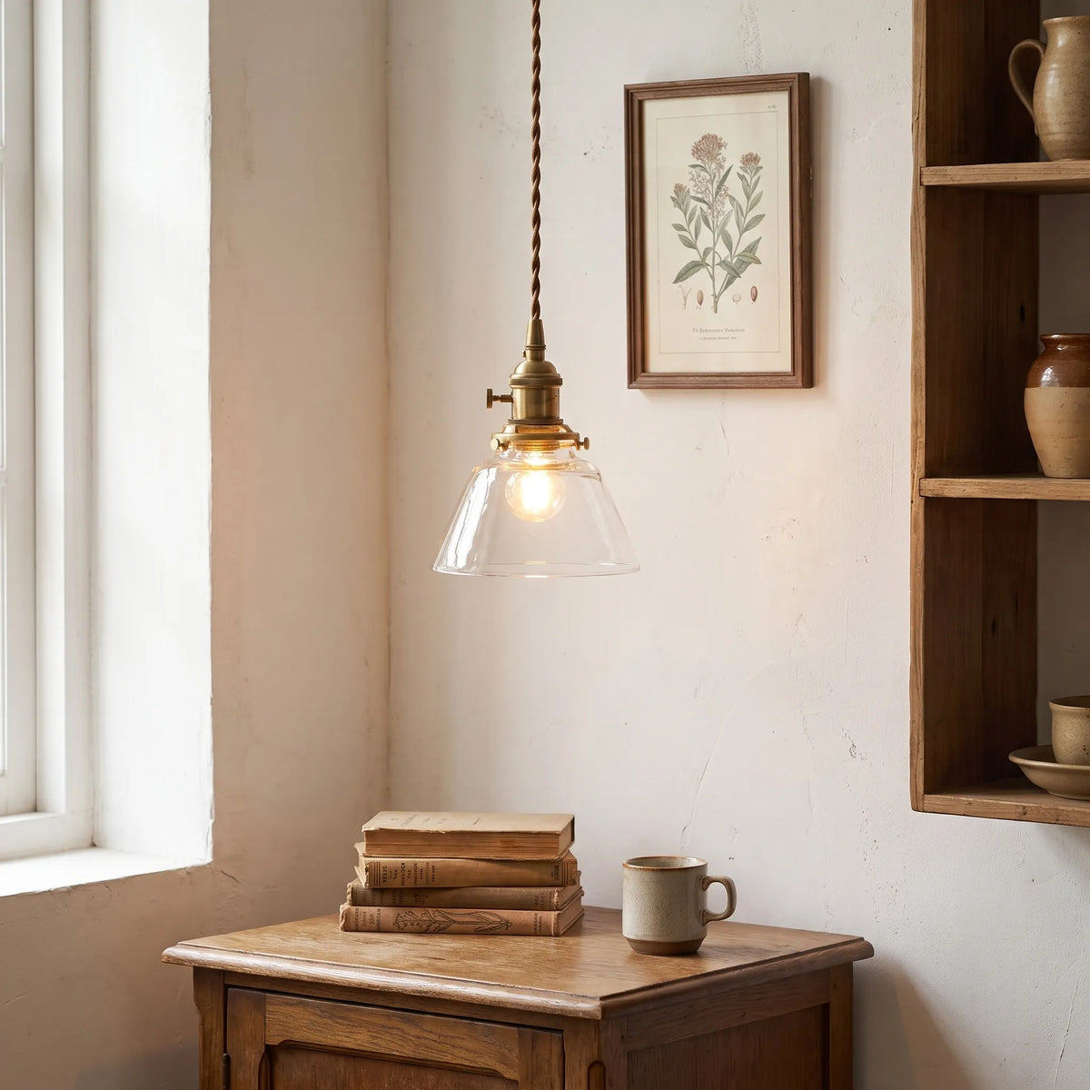Small Glass Pendant Lamp, Brass