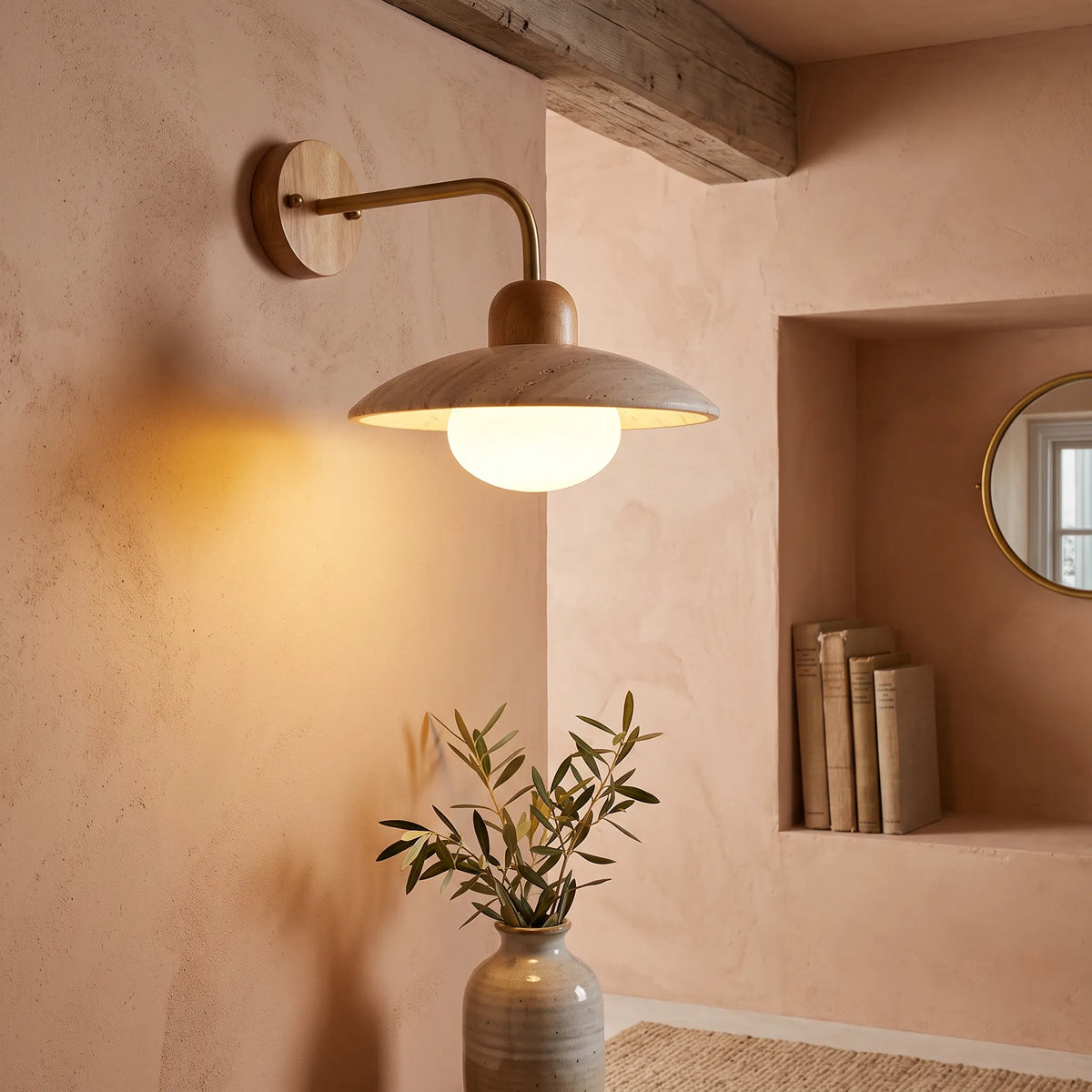 Travertine Shade Gold Arm Wall Light