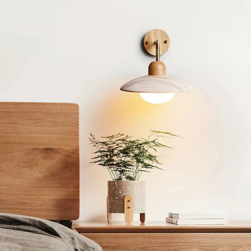 Travertine Shade Gold Arm Wall Light