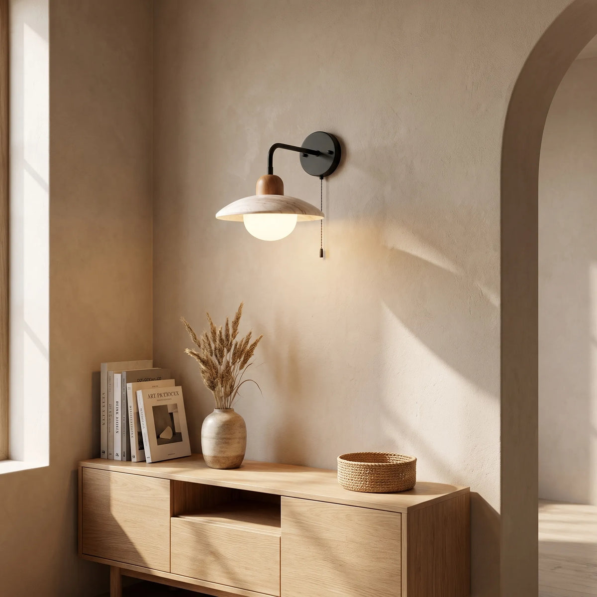 Travertine Shade Gold Arm Wall Light