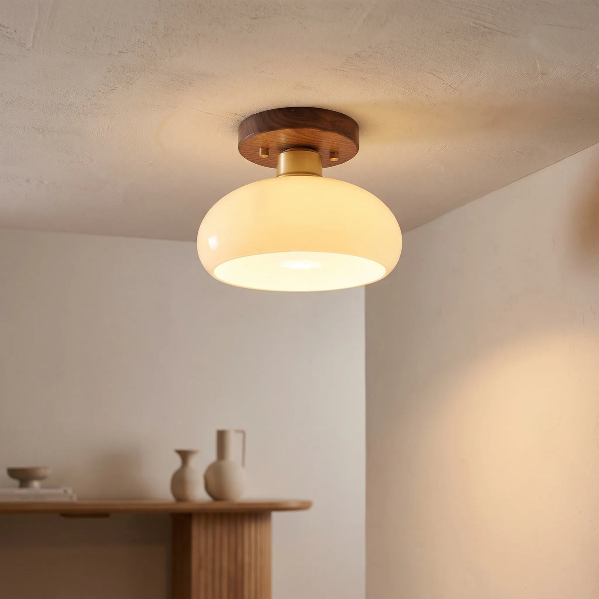 Walnut and Copper Glass Ceiling Light