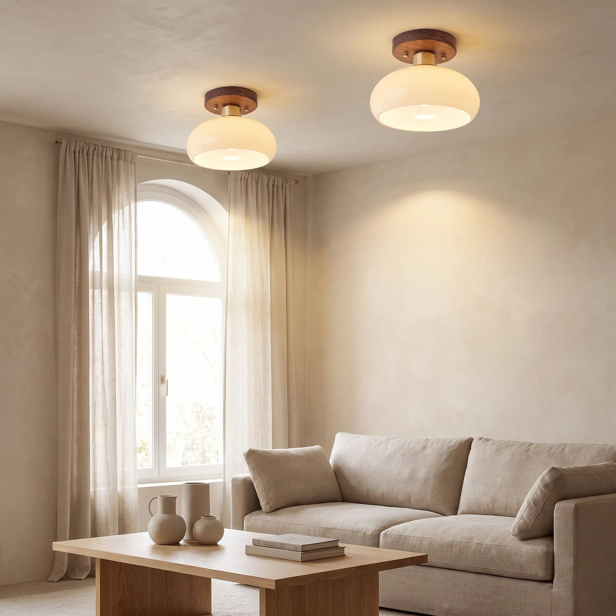 Walnut and Copper Glass Ceiling Light