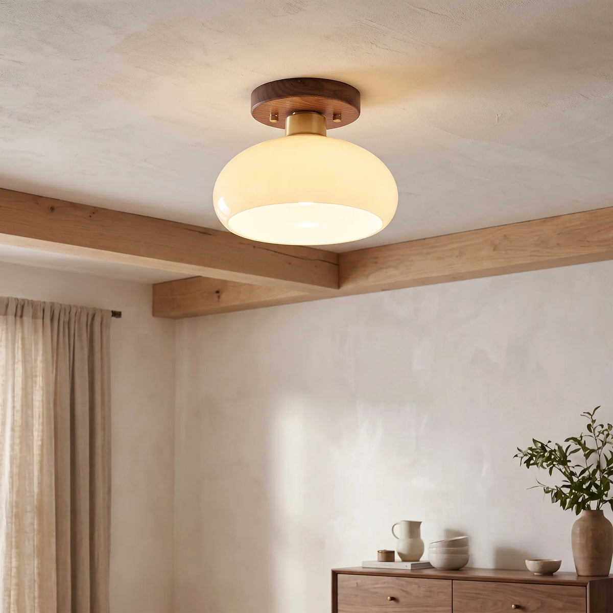 Walnut and Copper Glass Ceiling Light