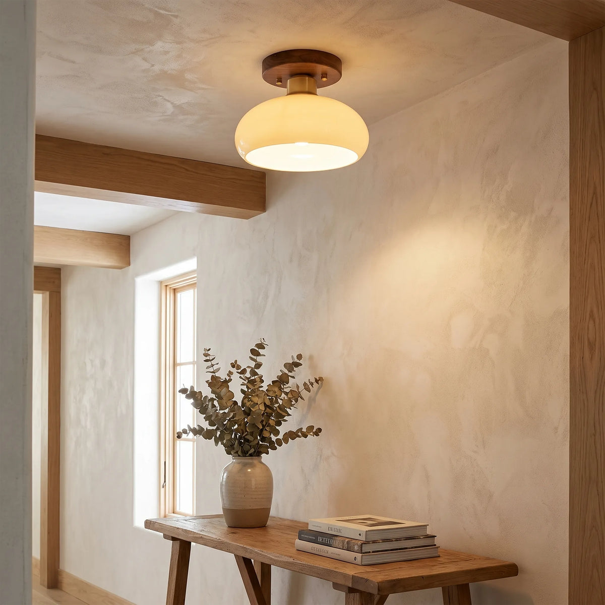 Walnut and Copper Glass Ceiling Light