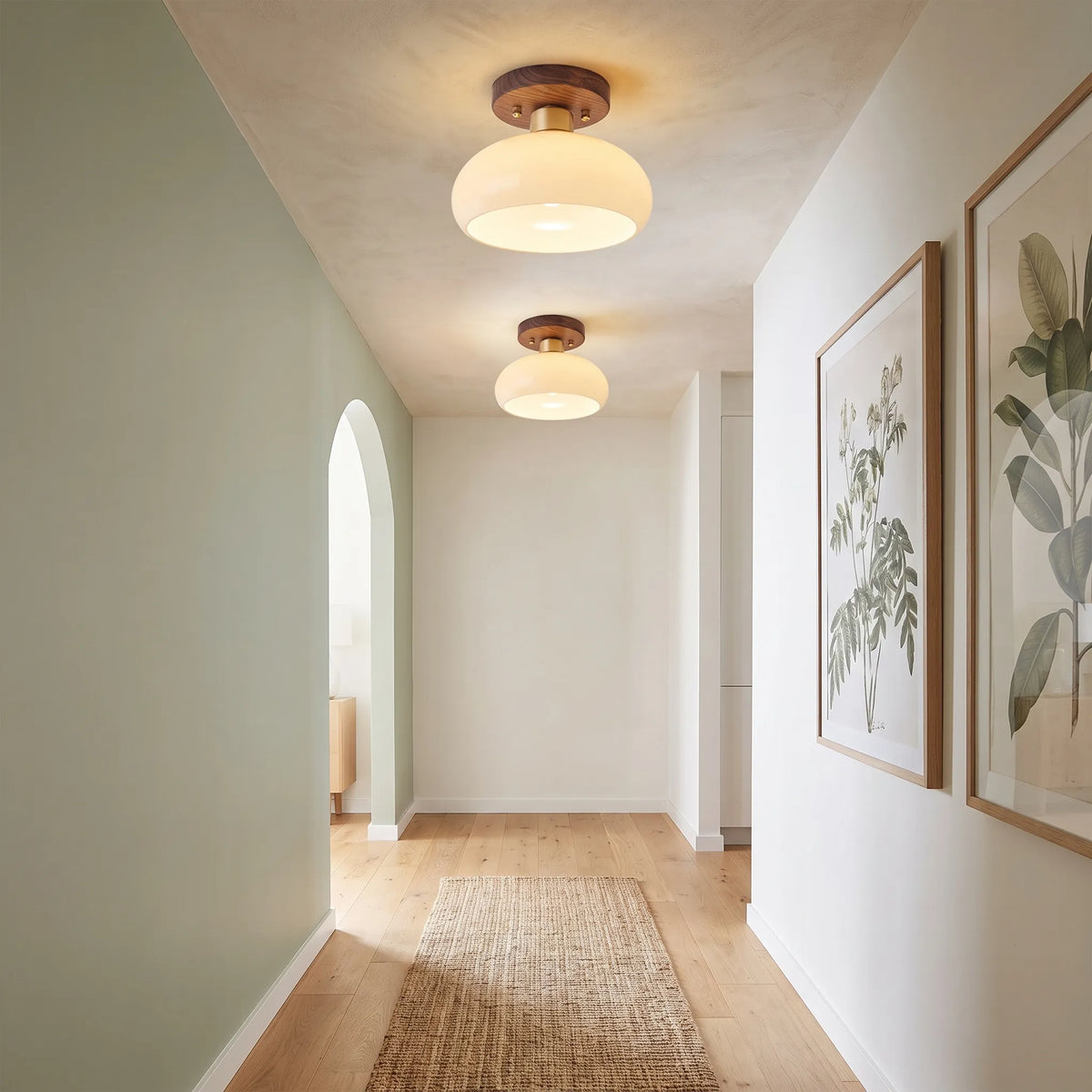 Walnut and Copper Glass Ceiling Light