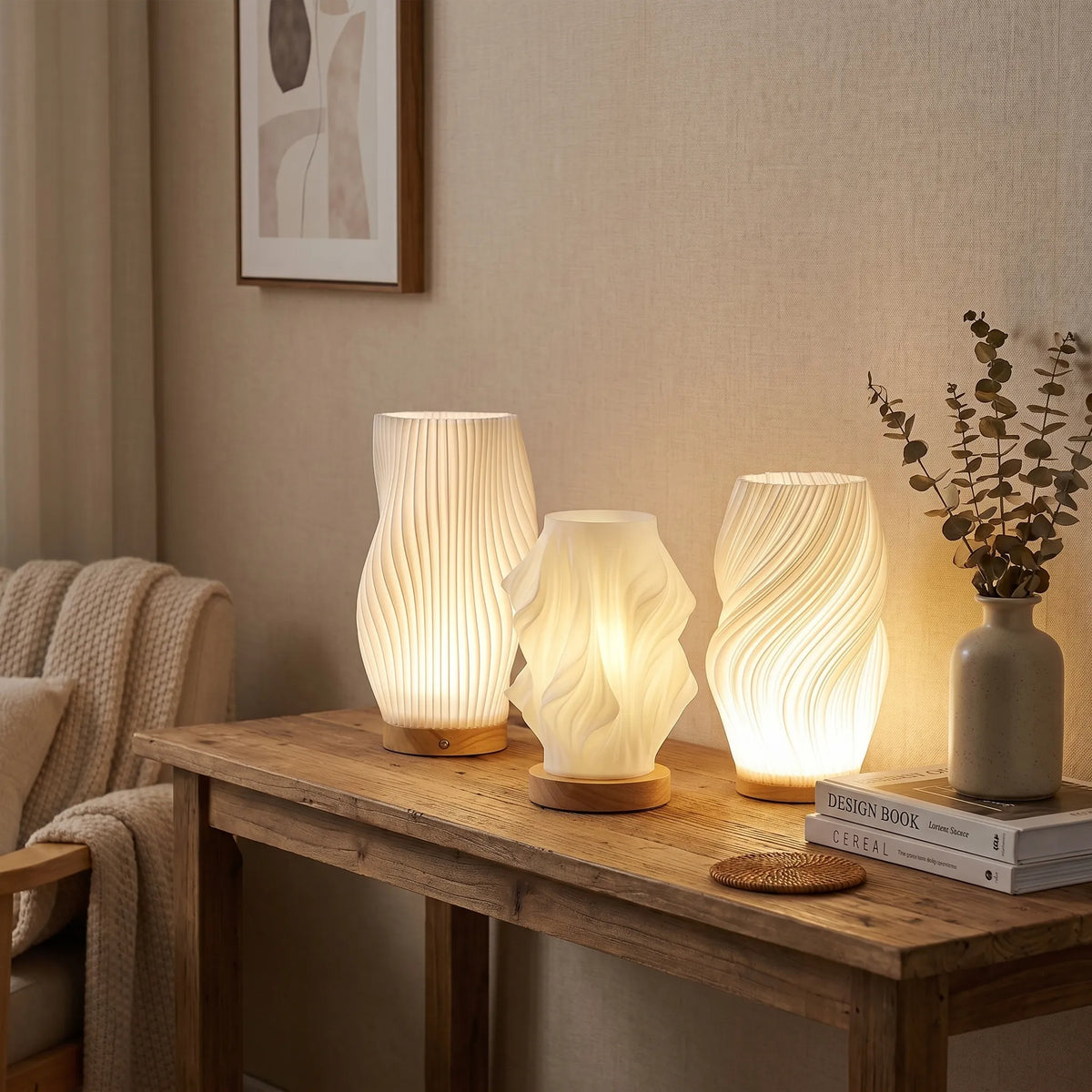Wave Swirl Cloud Wood Base Lamp