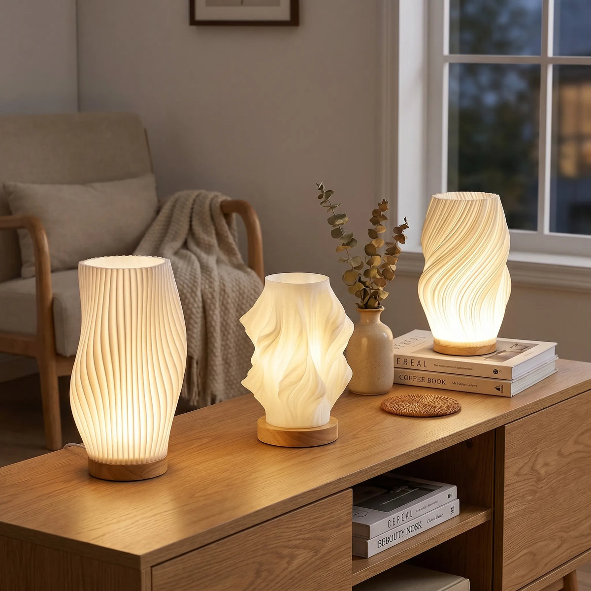 Wave Swirl Cloud Wood Base Lamp